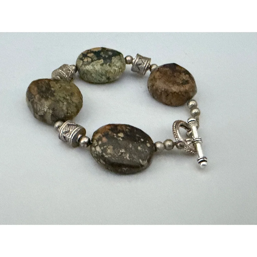 Chunky Stone Bracelet 7 in Brown Green  Boho Toggle Clasp